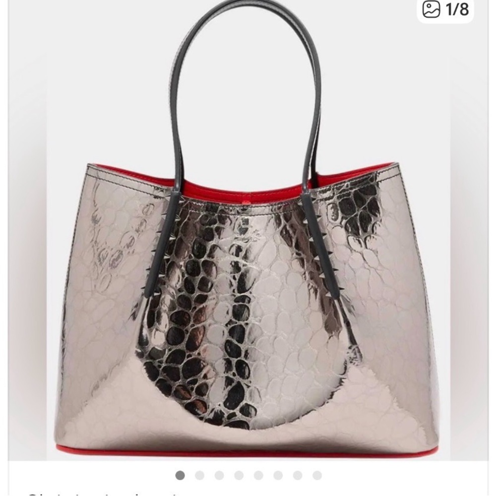 Metallic Silver Croc-Embossed Tote with Red Trim
